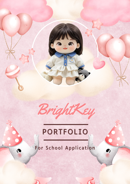 Blush Balloons Portfolio with a soft pink theme, whimsical balloons, and charming party elements, perfect for school application presentations.