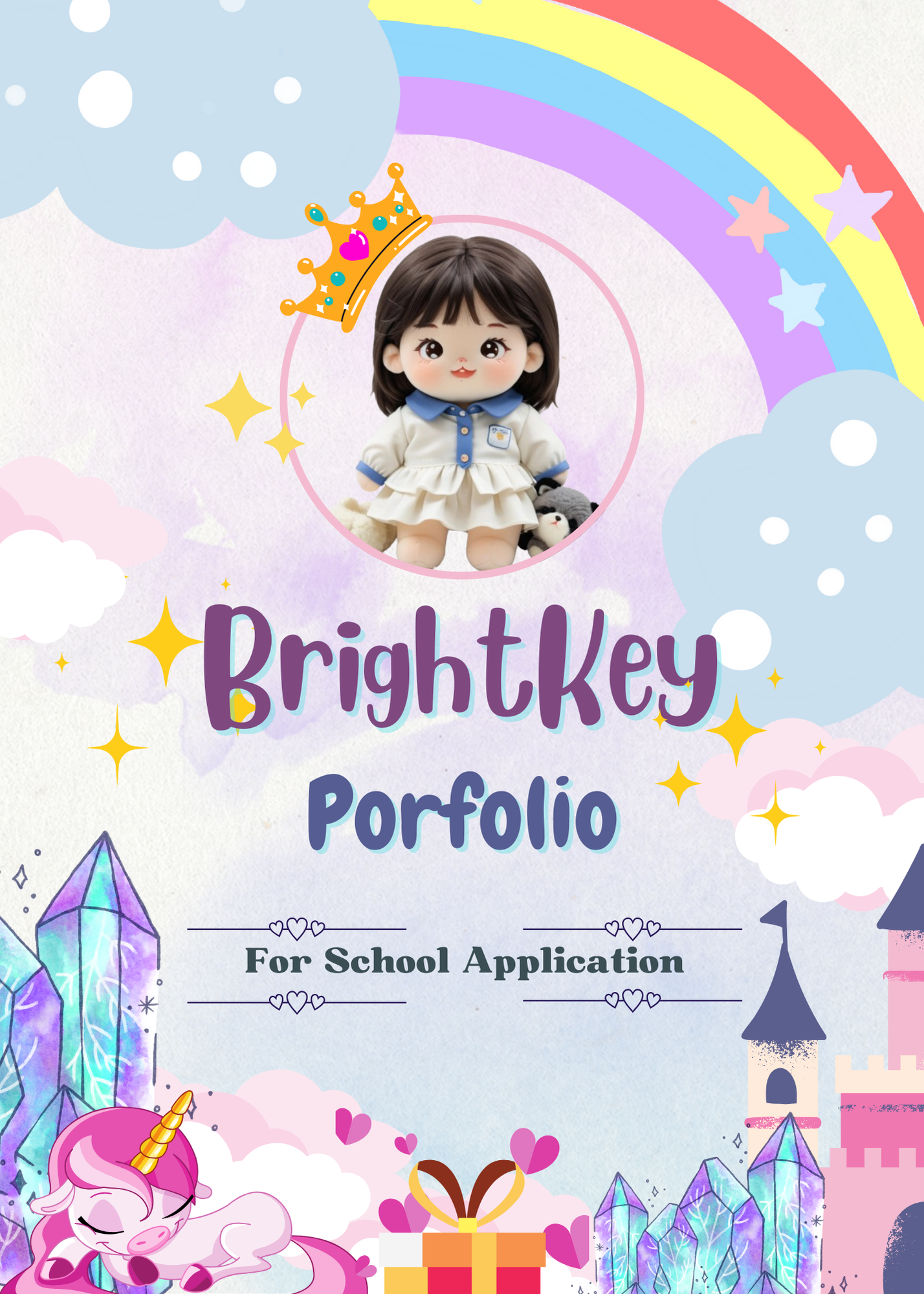 Magical Horizons Portfolio showcasing dreamy designs with enchanting skies, vibrant rainbows, and whimsical details. Perfect for presenting a child’s unique journey and aspirations in school applications.