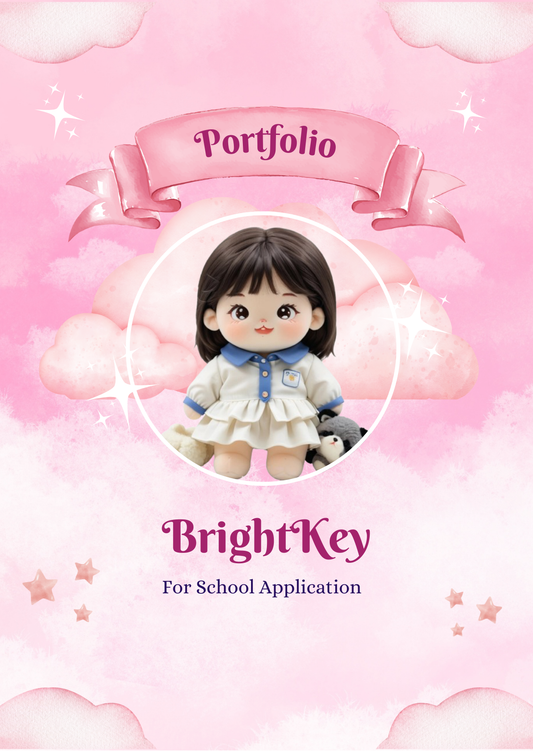 Pink Cloud Dreams Portfolio featuring soft pink clouds and twinkling stars for a magical school application design.
