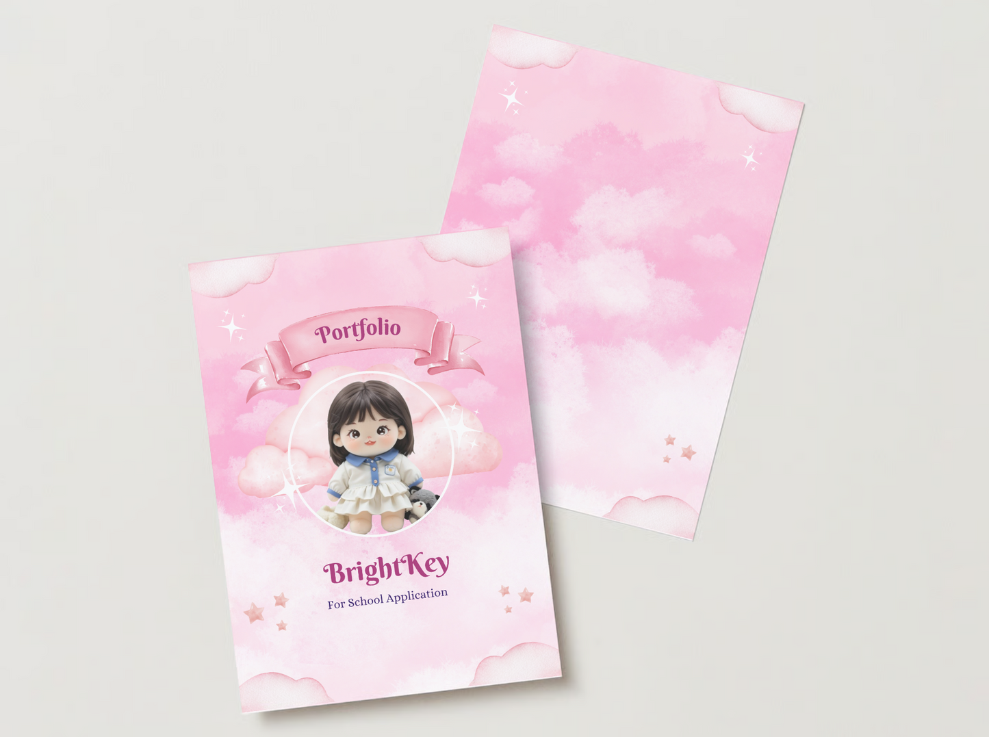 Pink Cloud Dreams Portfolio featuring soft pink clouds and twinkling stars for a magical school application design.