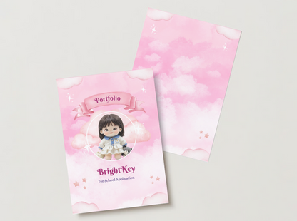 Pink Cloud Dreams Portfolio featuring soft pink clouds and twinkling stars for a magical school application design.