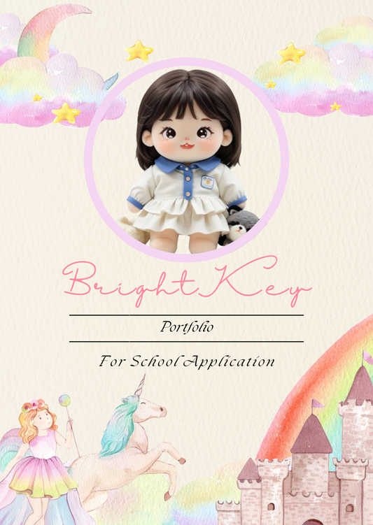 Rainbow Castle Portfolio with soft pastel clouds, a majestic castle, and a dreamy rainbow theme, ideal for school application presentations.