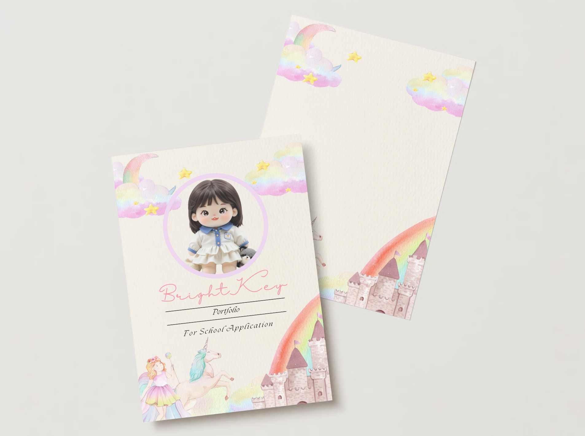 Rainbow Castle Portfolio with soft pastel clouds, a majestic castle, and a dreamy rainbow theme, ideal for school application presentations.