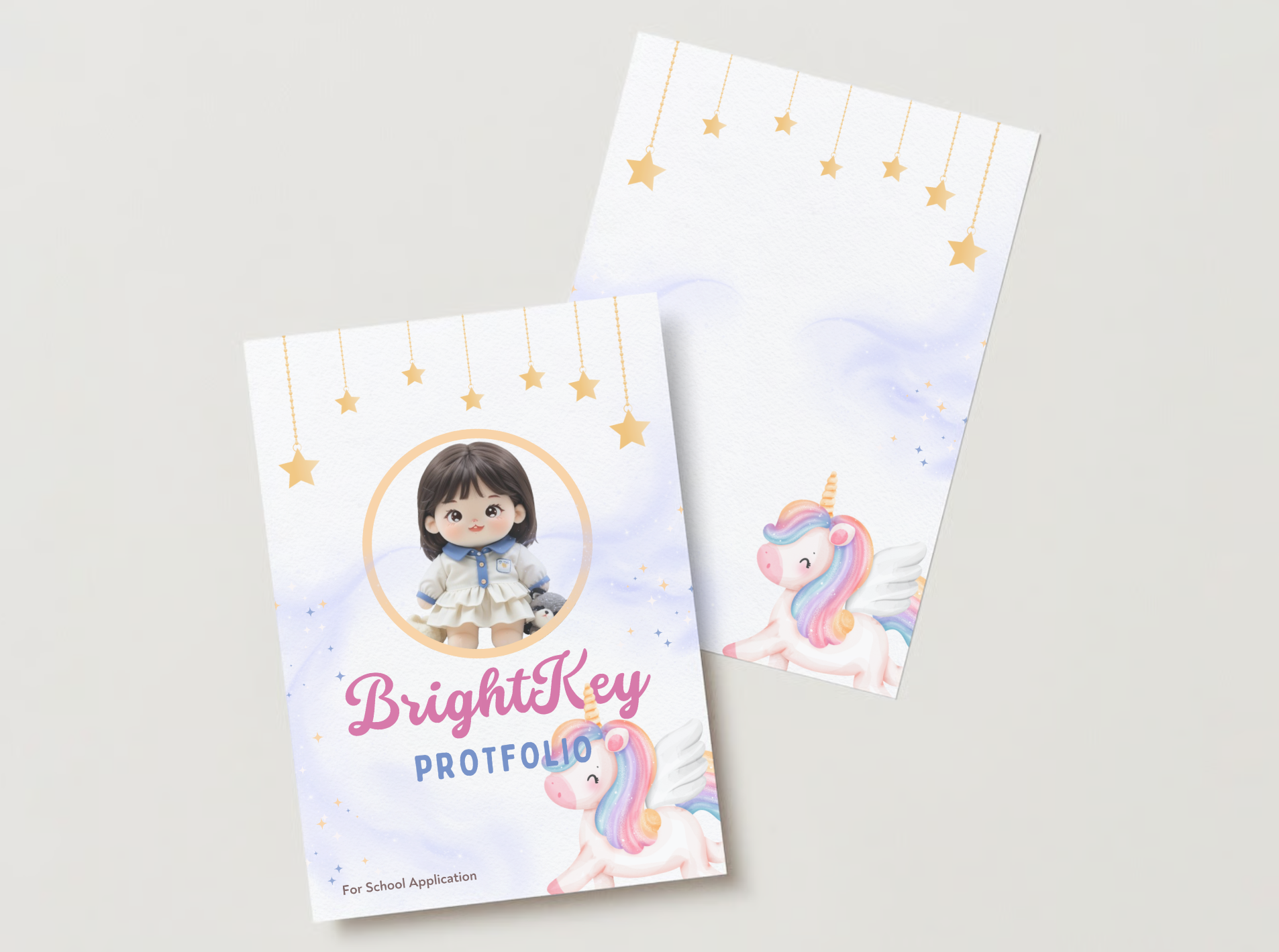 Starlight Unicorn Portfolio featuring golden stars and a pastel-coloured unicorn on a dreamy white background, perfect for school applications.