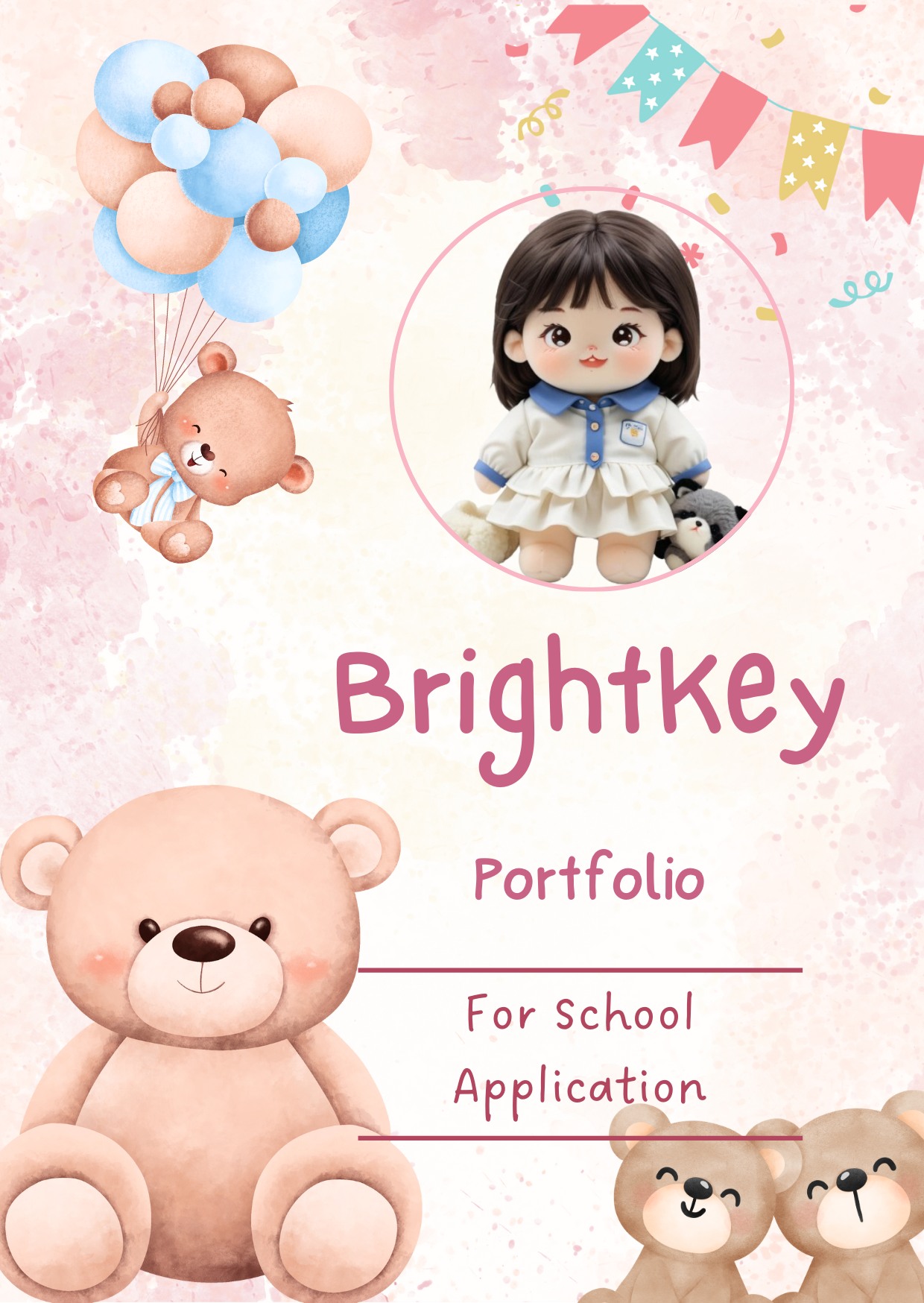 Teddy Bear Celebration Portfolio with adorable bears, balloons, and bunting for a fun and engaging school application design.