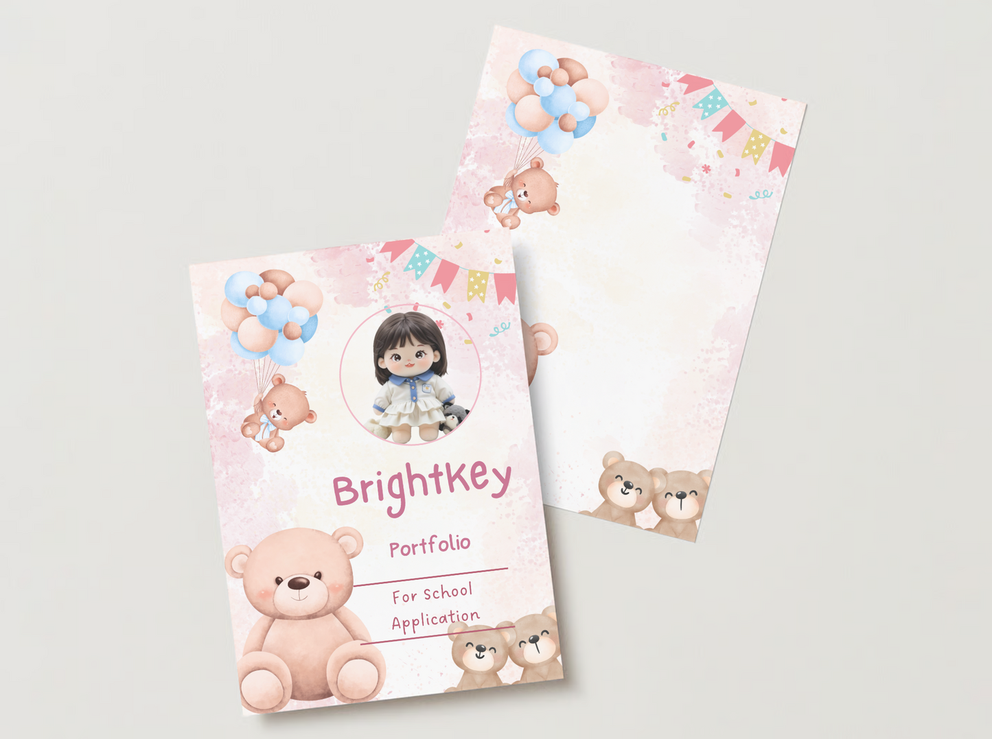 Teddy Bear Celebration Portfolio with adorable bears, balloons, and bunting for a fun and engaging school application design.