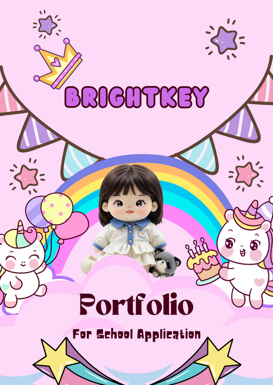 Unicorn Party Portfolio featuring colourful rainbows, unicorns, and festive elements for a joyful school application.