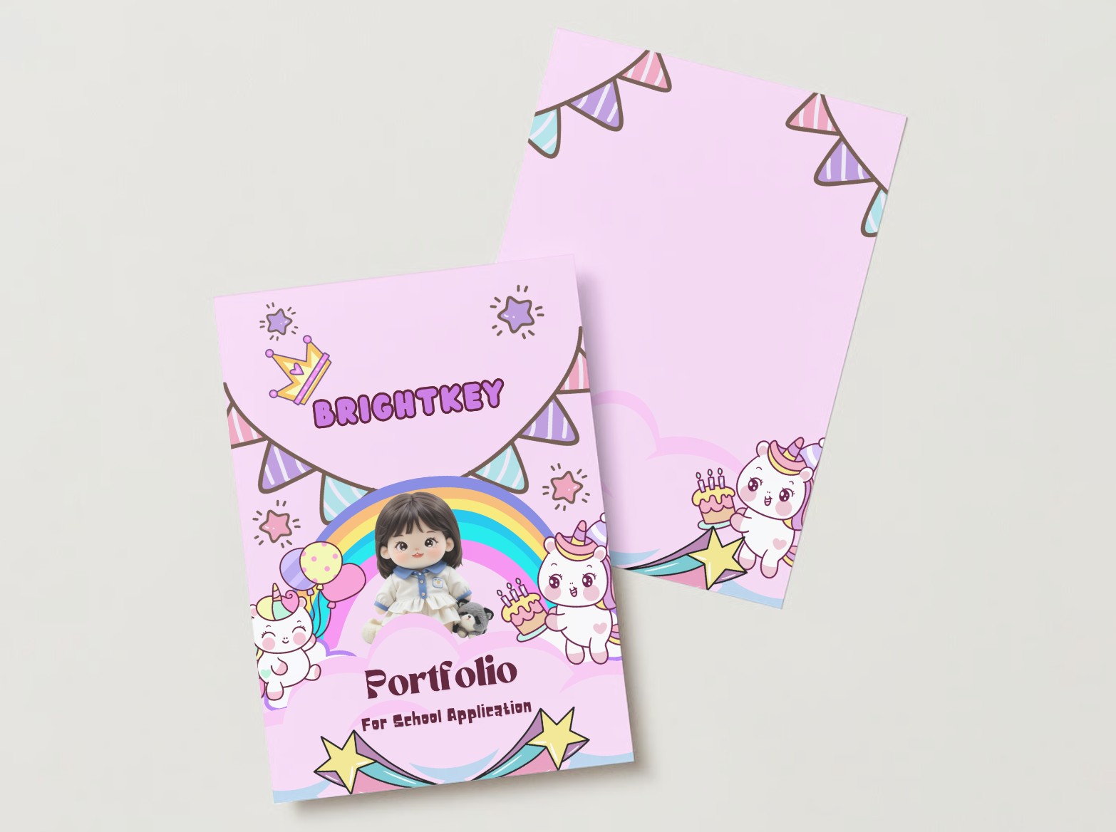 Unicorn Party Portfolio featuring colourful rainbows, unicorns, and festive elements for a joyful school application.