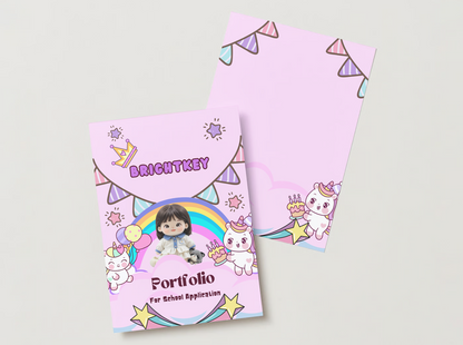 Unicorn Party Portfolio featuring colourful rainbows, unicorns, and festive elements for a joyful school application.