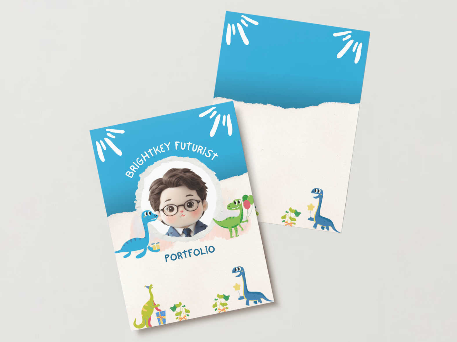 Dino Discovery Portfolio featuring an adventurous dinosaur-themed design with vibrant illustrations of friendly dinos and playful elements. Perfect for school applications, inspiring curiosity and excitement in young explorers.